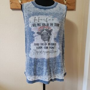 Time & Tru Heifer Cow Funny Graphic Blue Tank Top